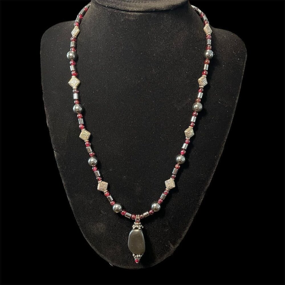 Boho Hematite Beaded Necklace Red Glass Pendant Vintage Artisan Festival Jewelry